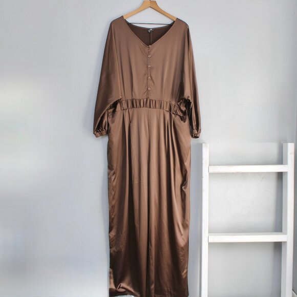 Xpluswear Brown Satin Long Sleeve  Pants Jumpsuit Size 3XL - Picture 1 of 3